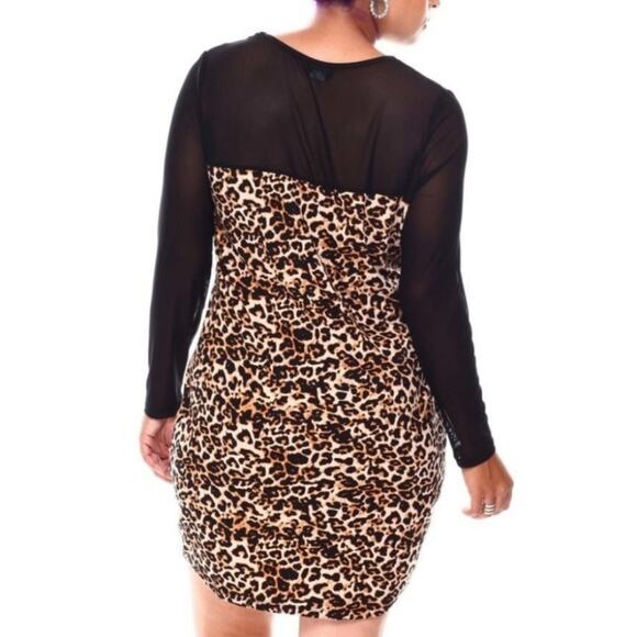 Bebe Leopard Print Dress Sheer Black Long Sleeve Mini Party Cocktail Plus 2X New - Picture 3 of 4